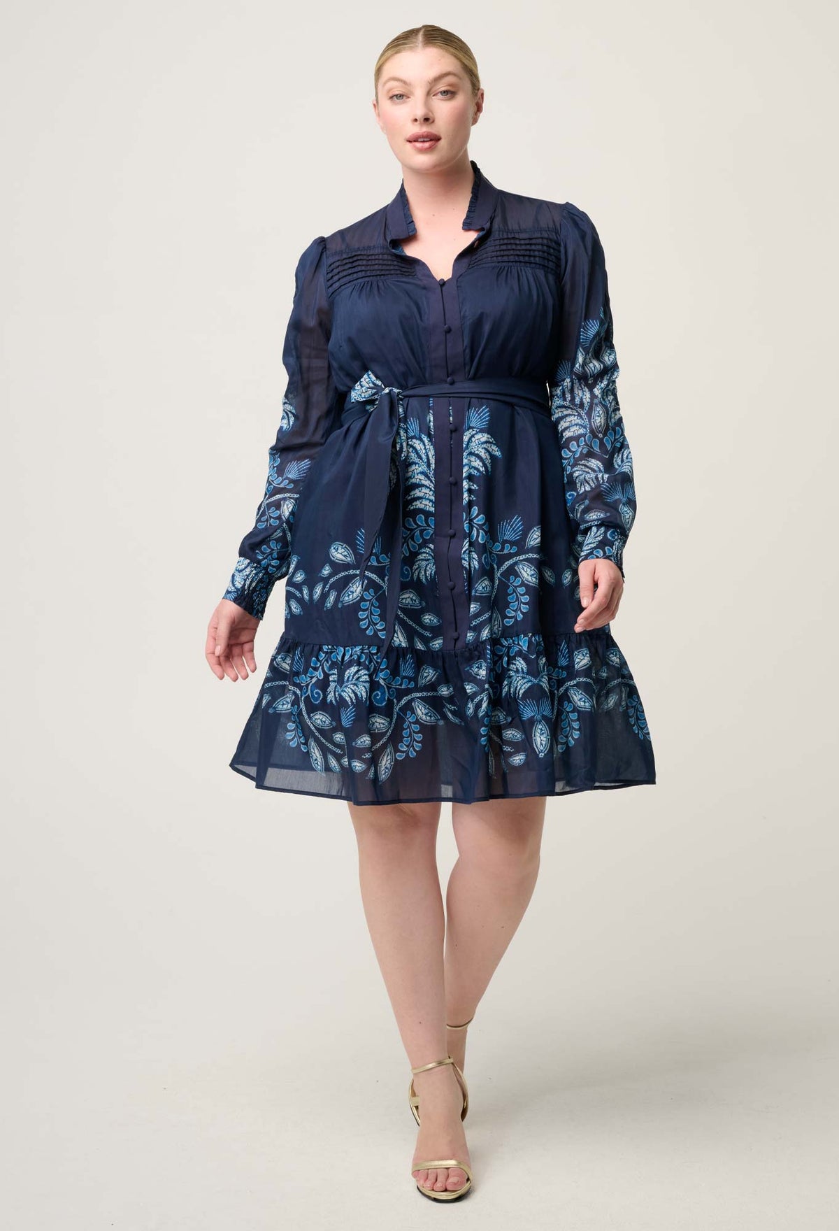 Once Was Lanae Cotton Silk Placement Print Ruched Sleeve Dress - Moonlit Batik