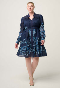 Once Was Lanae Cotton Silk Placement Print Ruched Sleeve Dress - Moonlit Batik