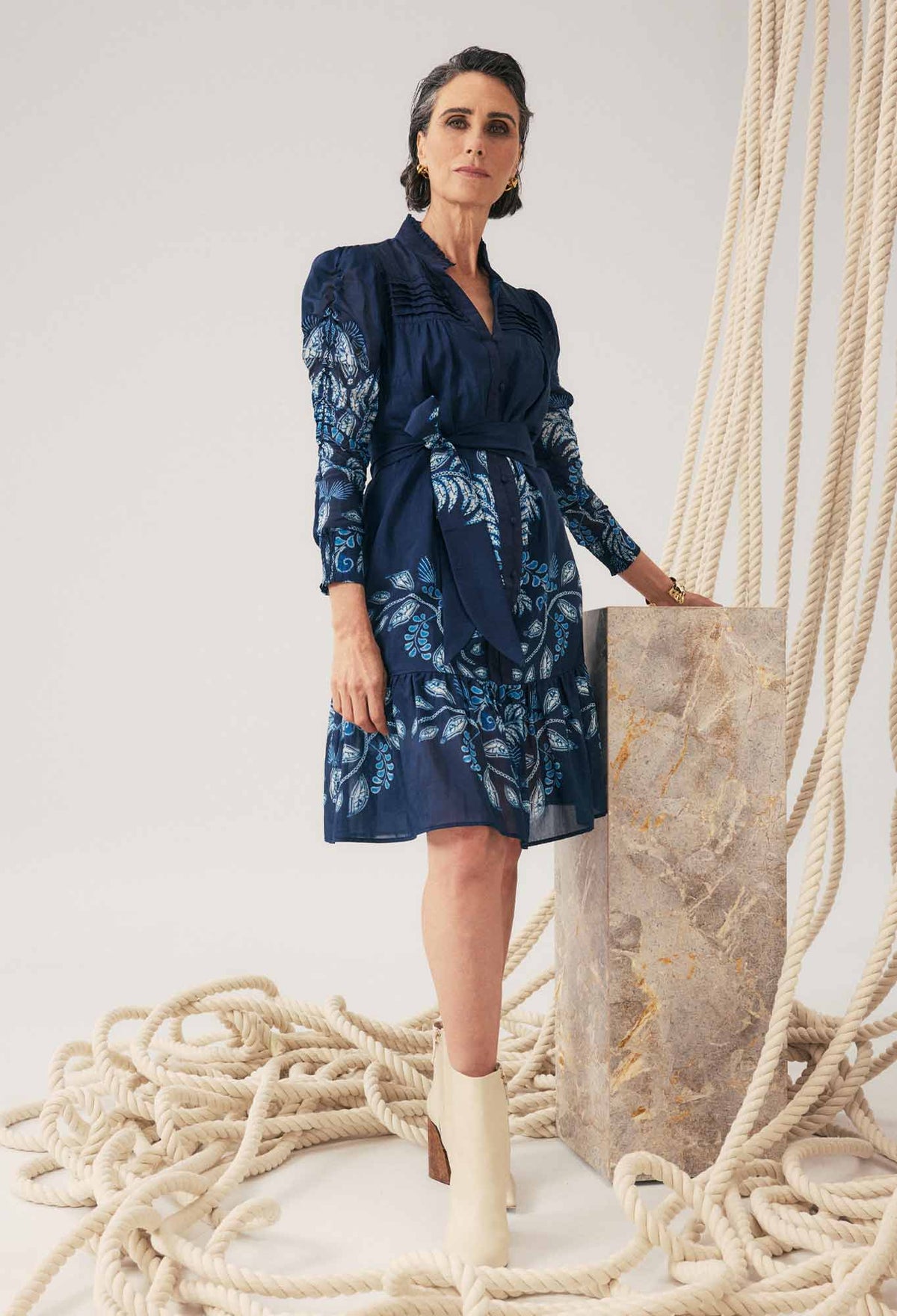 Once Was Lanae Cotton Silk Placement Print Ruched Sleeve Dress - Moonlit Batik