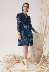 Once Was Lanae Cotton Silk Placement Print Ruched Sleeve Dress - Moonlit Batik