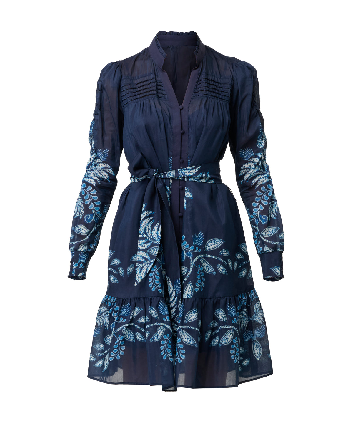 Once Was Lanae Cotton Silk Placement Print Ruched Sleeve Dress - Moonlit Batik