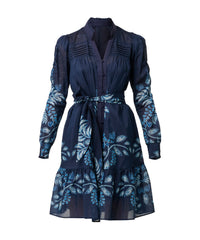 Once Was Lanae Cotton Silk Placement Print Ruched Sleeve Dress - Moonlit Batik