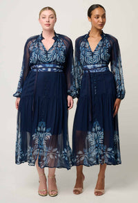 Once Was Sloane Viscose Chiffon Placement Print Midi Dress - Moonlit Batik