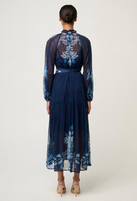 Once Was Sloane Viscose Chiffon Placement Print Midi Dress - Moonlit Batik