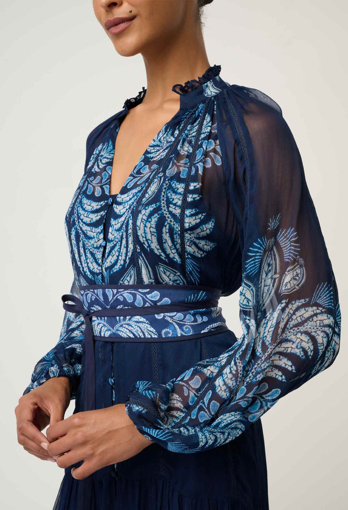 Once Was Sloane Viscose Chiffon Placement Print Midi Dress - Moonlit Batik