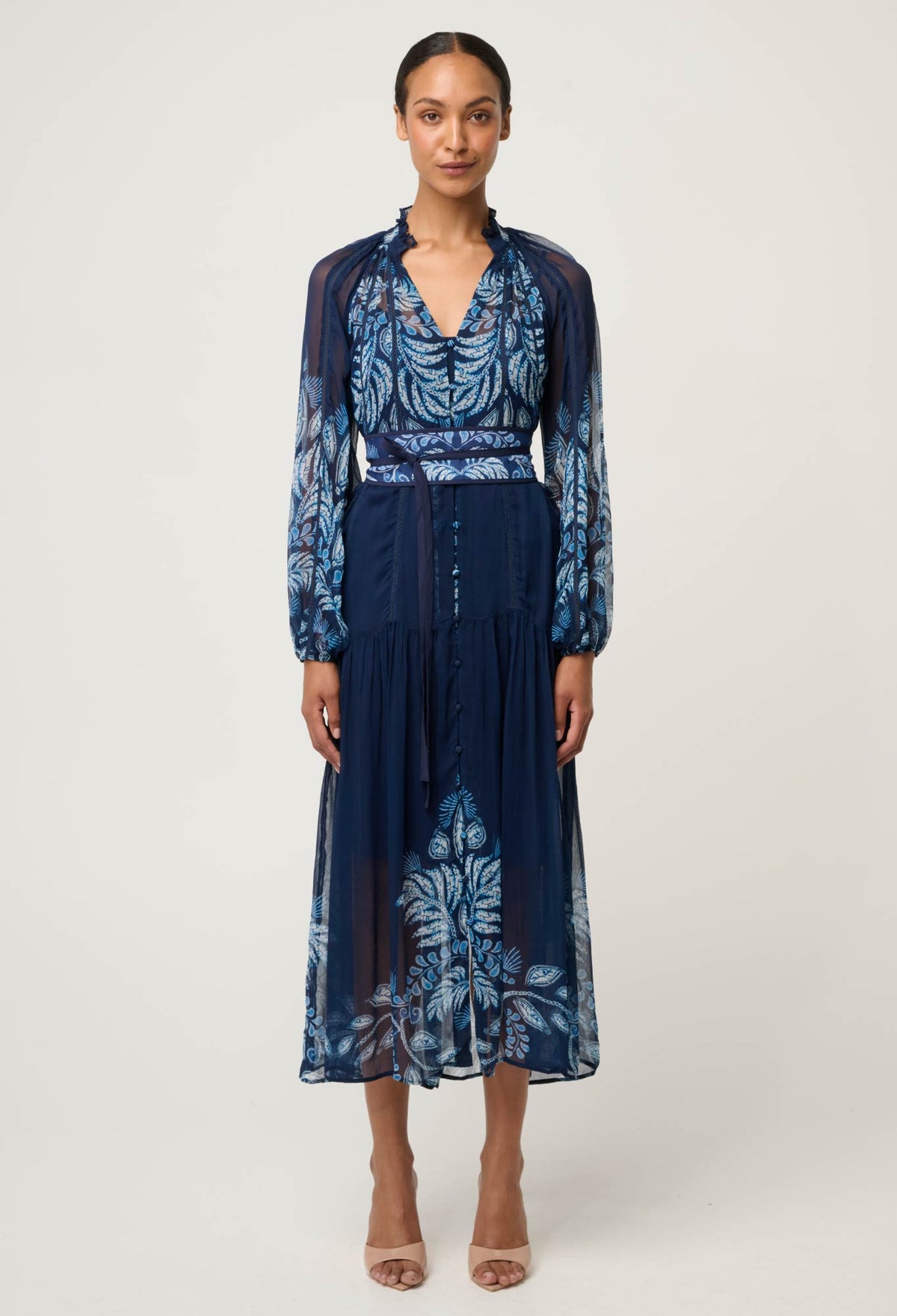Once Was Sloane Viscose Chiffon Placement Print Midi Dress - Moonlit Batik