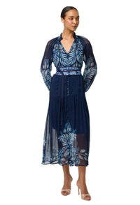Once Was Sloane Viscose Chiffon Placement Print Midi Dress - Moonlit Batik