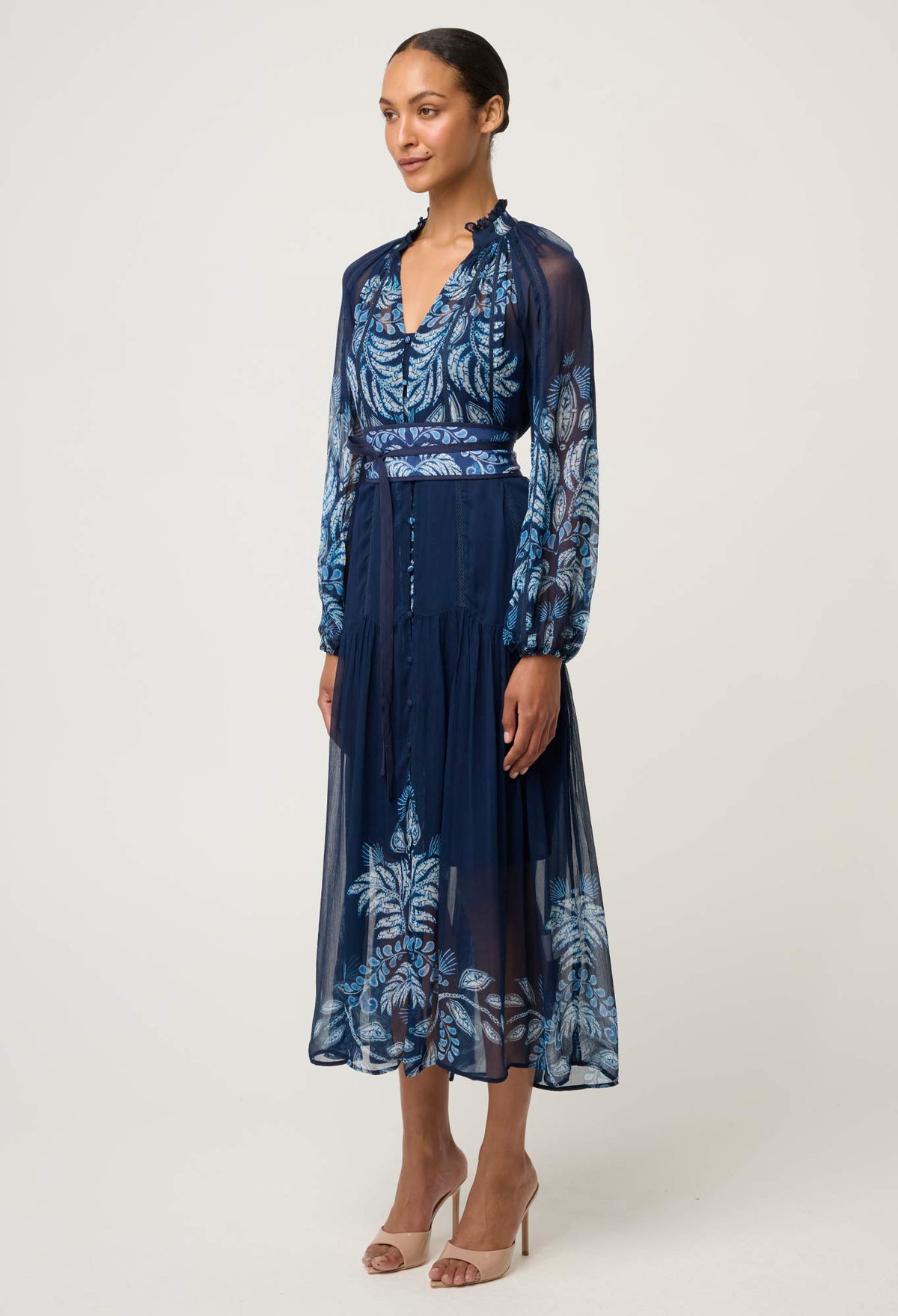 Once Was Sloane Viscose Chiffon Placement Print Midi Dress - Moonlit Batik
