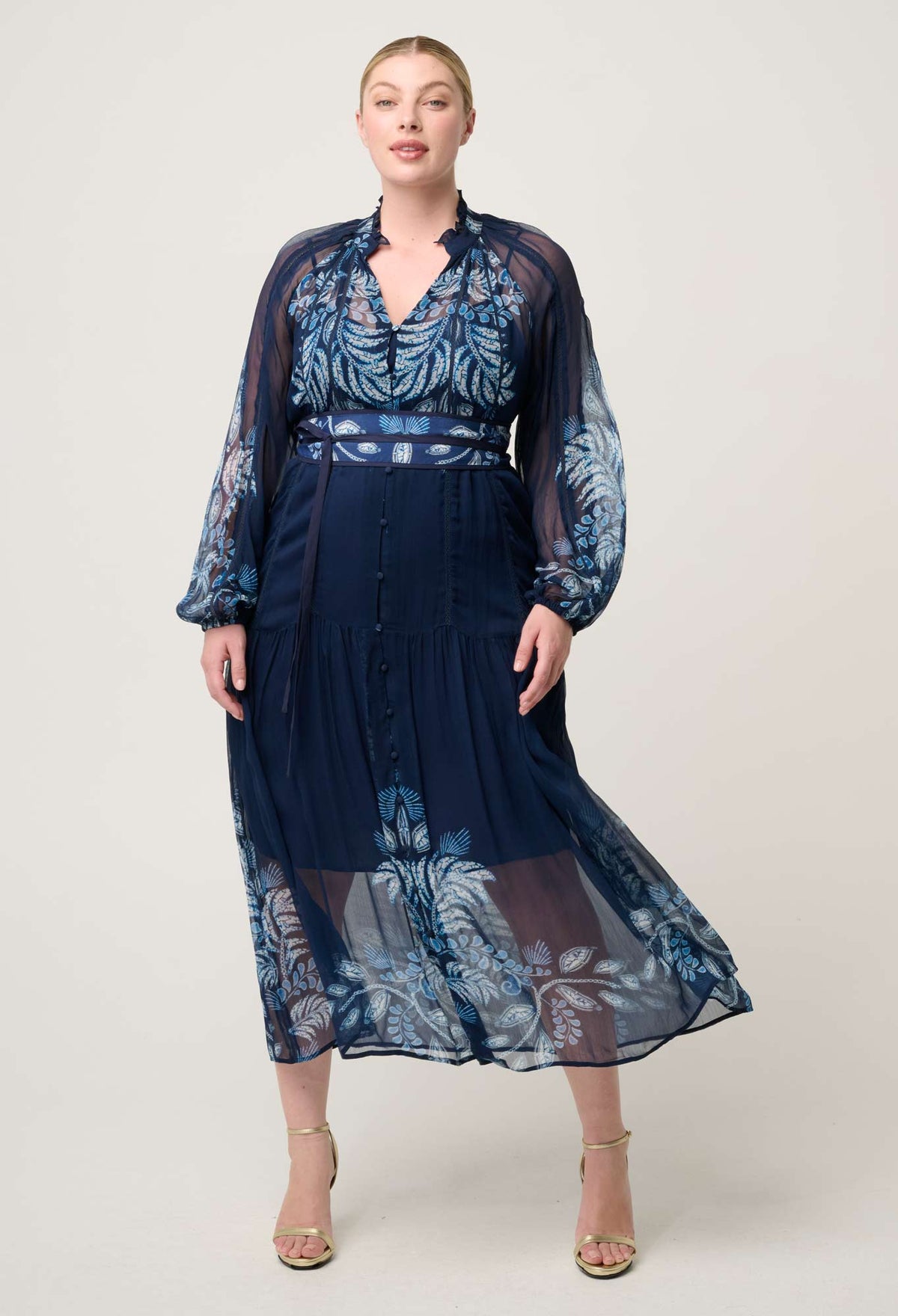 Once Was Sloane Viscose Chiffon Placement Print Midi Dress - Moonlit Batik