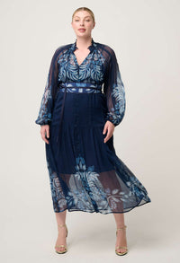 Once Was Sloane Viscose Chiffon Placement Print Midi Dress - Moonlit Batik