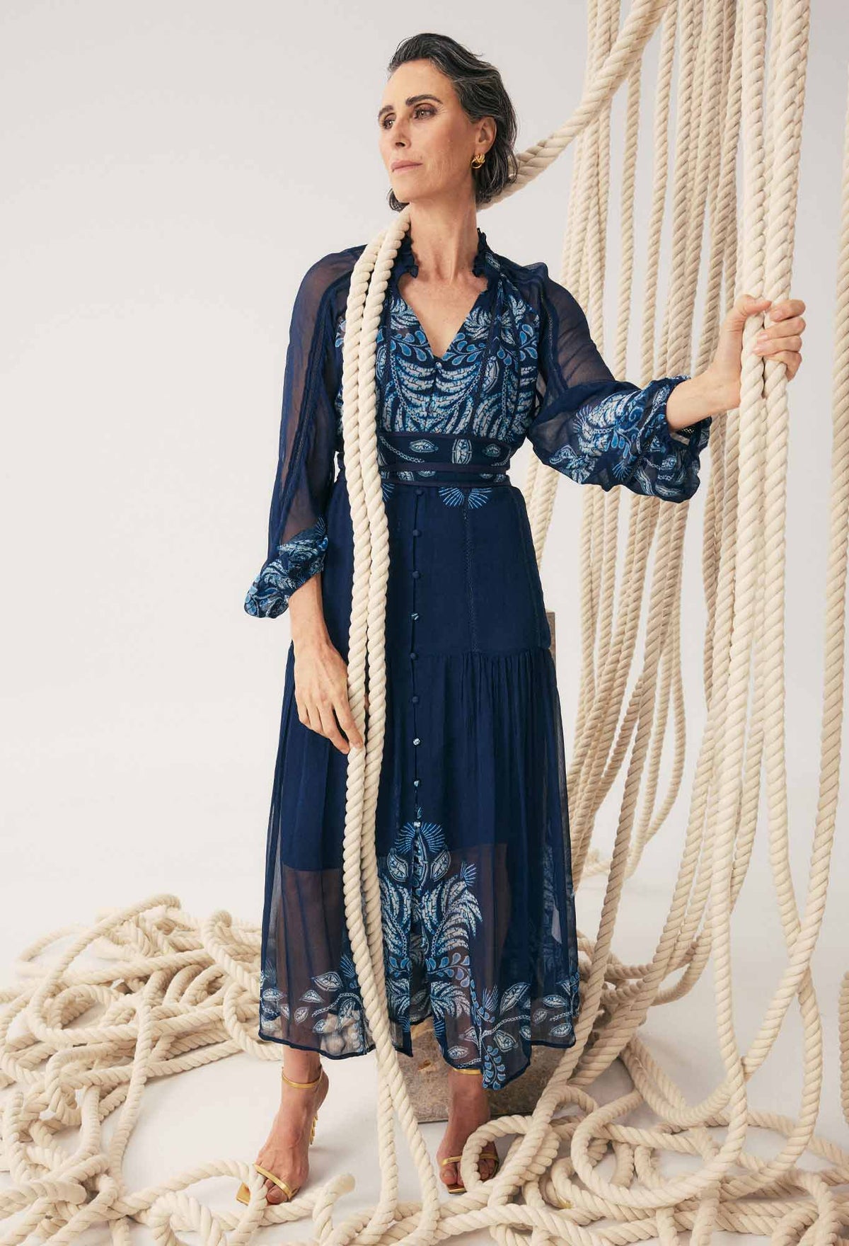 Once Was Sloane Viscose Chiffon Placement Print Midi Dress - Moonlit Batik