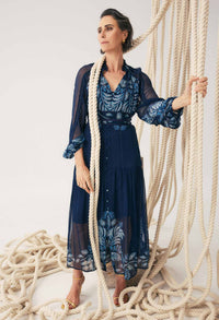 Once Was Sloane Viscose Chiffon Placement Print Midi Dress - Moonlit Batik