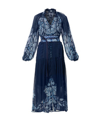 Once Was Sloane Viscose Chiffon Placement Print Midi Dress - Moonlit Batik