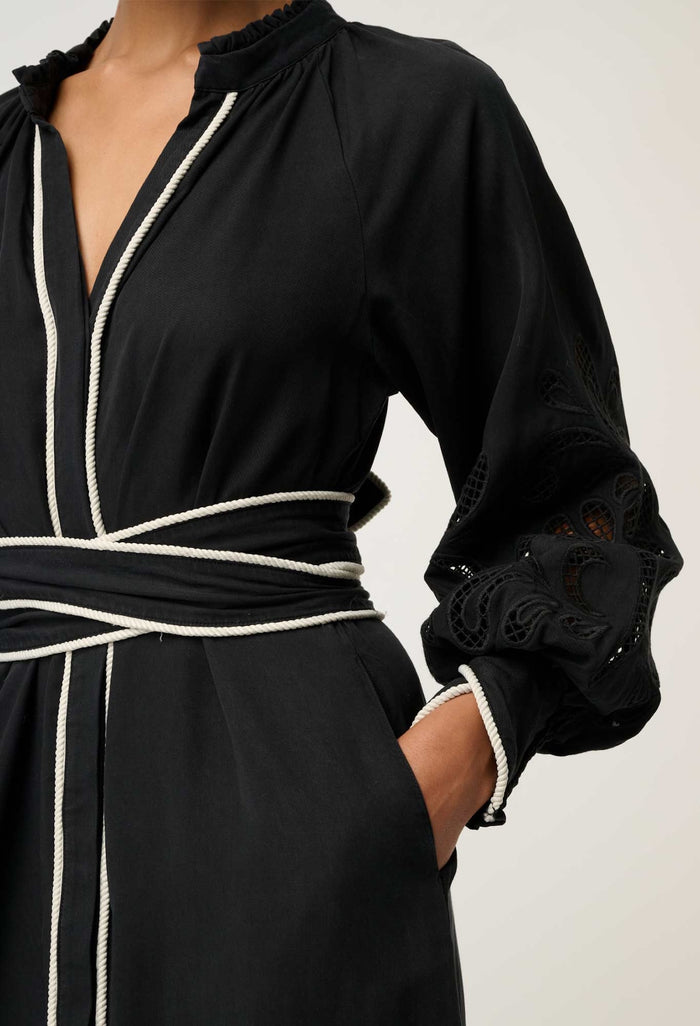 Once Was Rhea Placement Embroidered Tencel Maxi Dress - Black