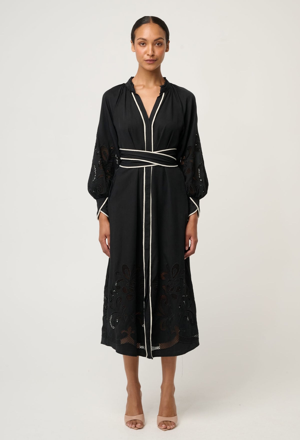 Once Was Rhea Placement Embroidered Tencel Maxi Dress - Black