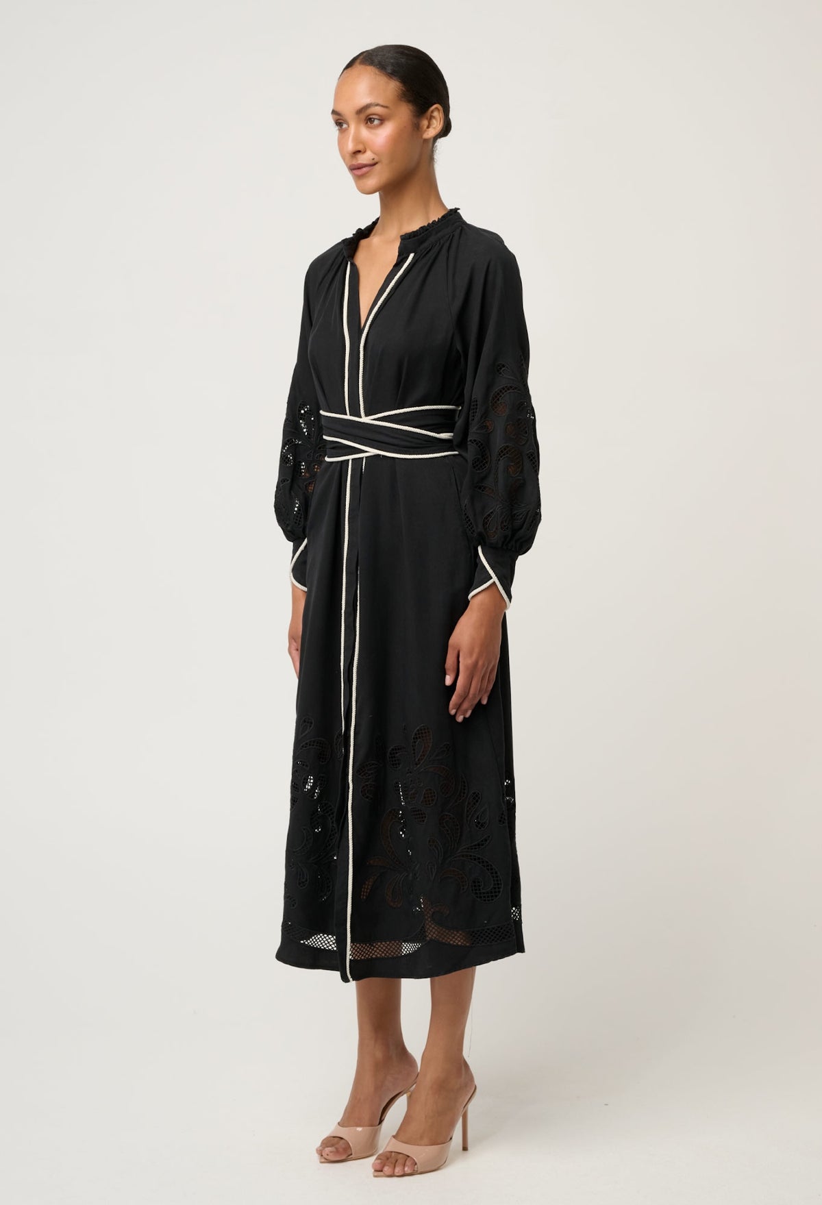 Once Was Rhea Placement Embroidered Tencel Maxi Dress - Black