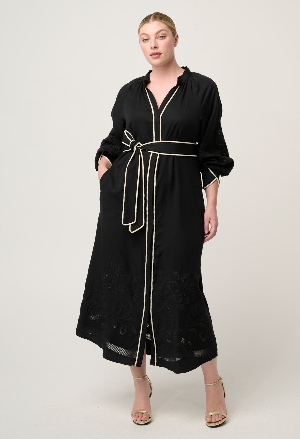 Once Was Rhea Placement Embroidered Tencel Maxi Dress - Black