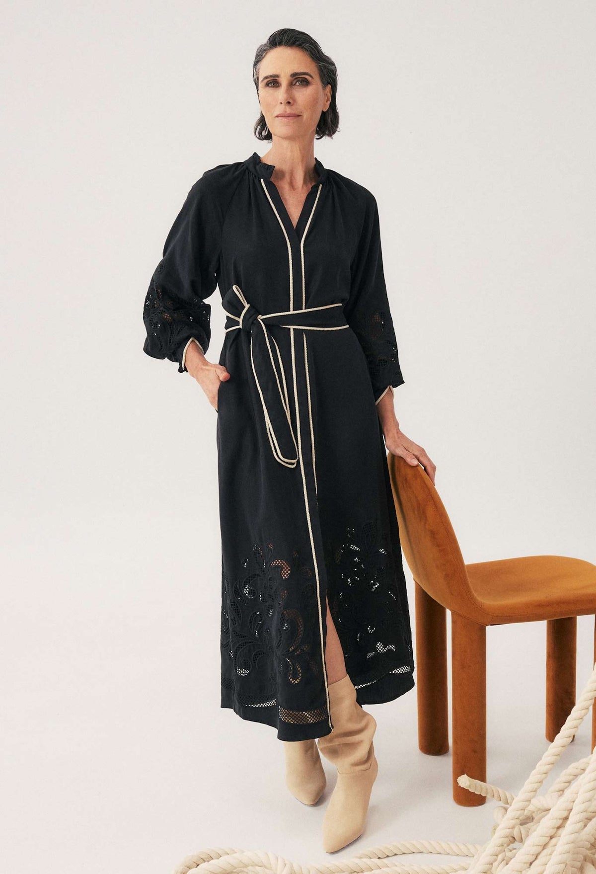 Once Was Rhea Placement Embroidered Tencel Maxi Dress - Black