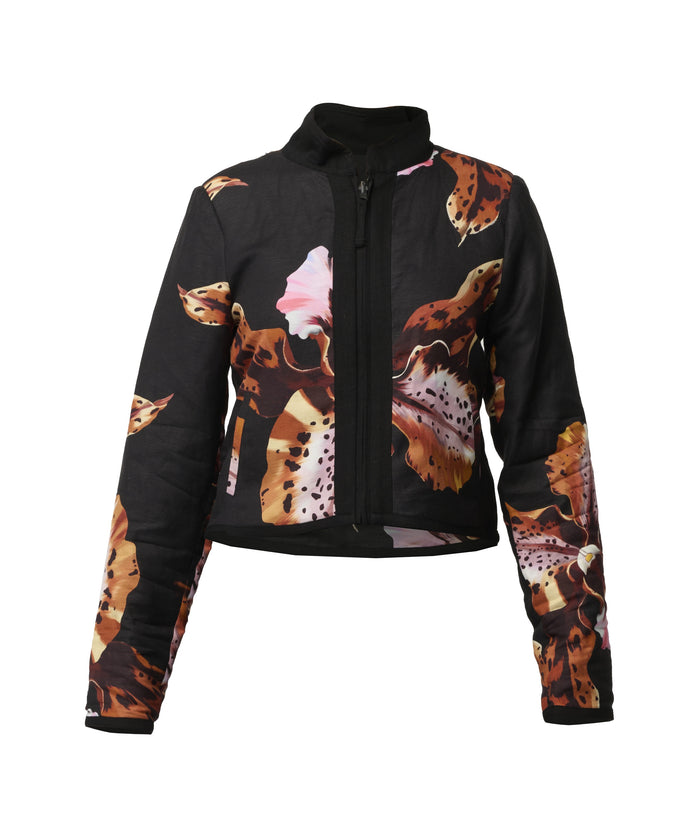 Once Was Delray Reversible Printed Linen Viscose & Placement Embroidered Jacket - Sunset Orchid/Noir Orchid