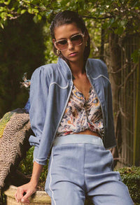 Once Was Aurora Reverisble Placement Print Viscose Tencel Jacket - Petinos Floros/Blue Ash