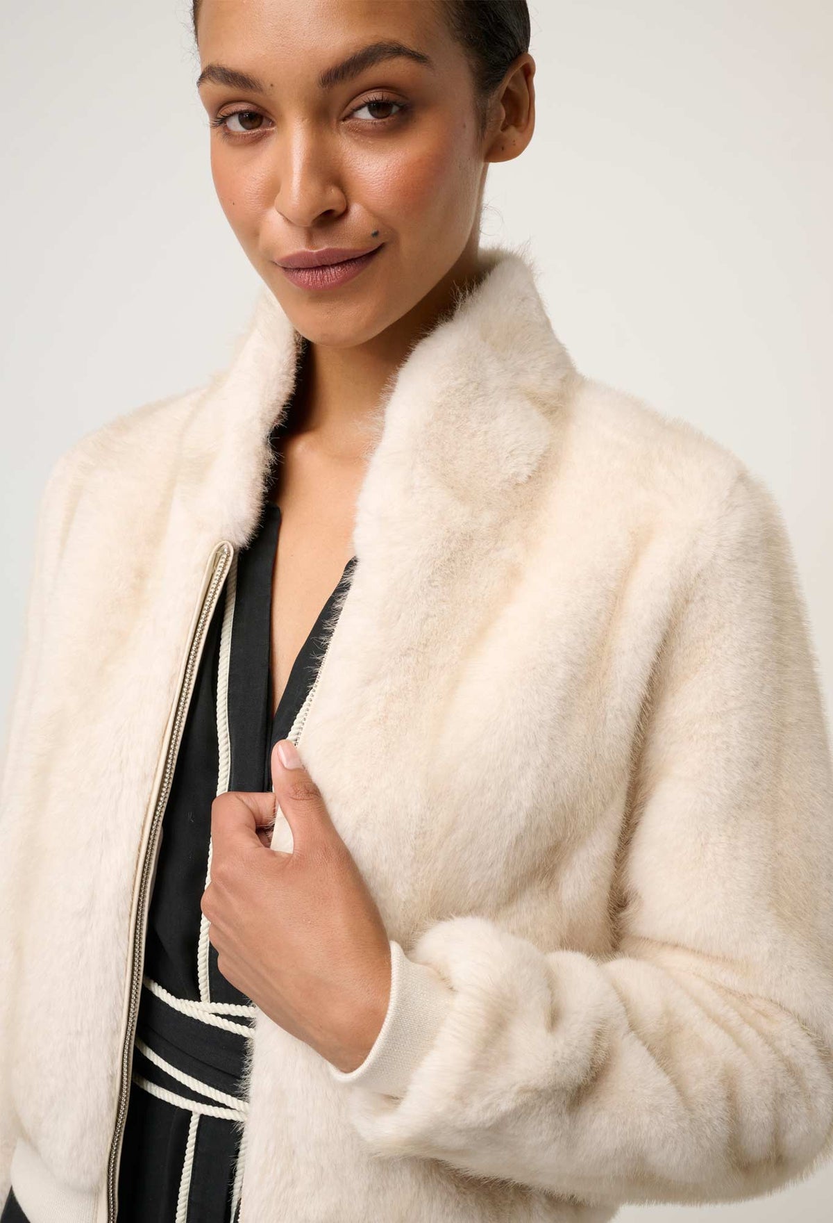 Once Was Chrysta Faux Fur Rib Detail Bomber - Porcelain