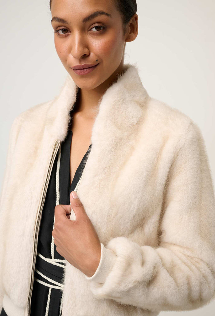 Once Was Chrysta Faux Fur Rib Detail Bomber - Porcelain