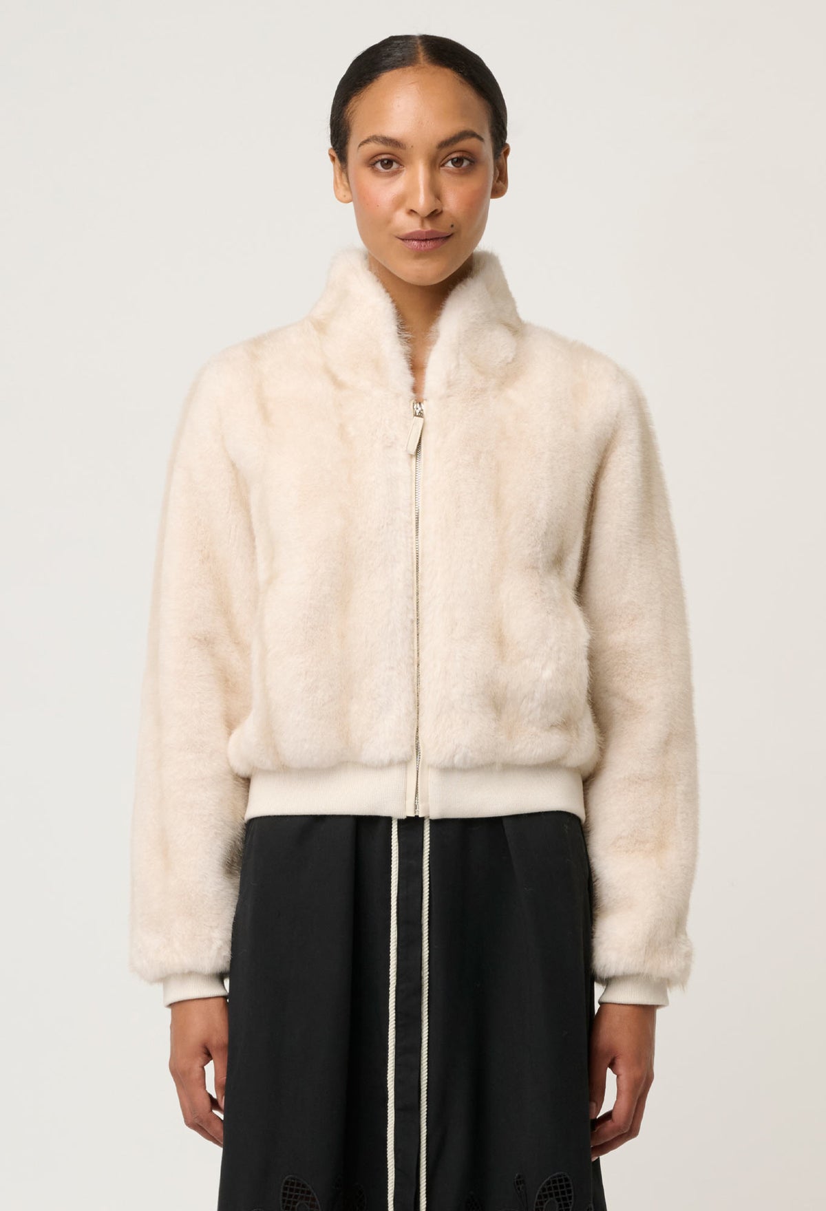 Once Was Chrysta Faux Fur Rib Detail Bomber - Porcelain