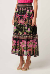 Once Was Cordelia Placement Print Shirred Waist Silk Cotton Skirt - Anthos Iotos