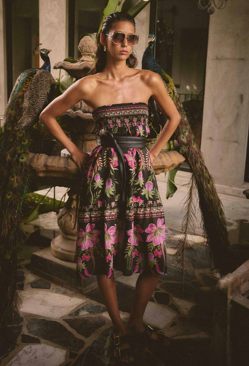 Once Was Cordelia Placement Print Shirred Waist Silk Cotton Skirt - Anthos Iotos