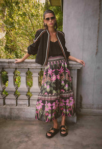 Once Was Cordelia Placement Print Shirred Waist Silk Cotton Skirt - Anthos Iotos