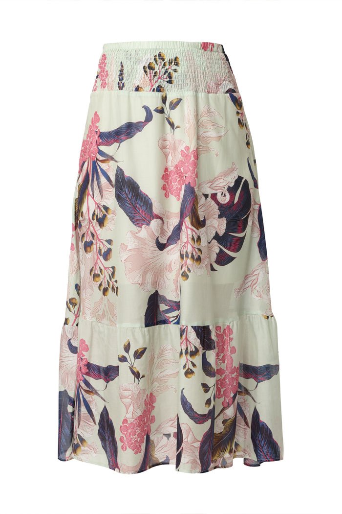 Once Was Cordelia Shirred Silk Cotton Skirt in Oasis Flora