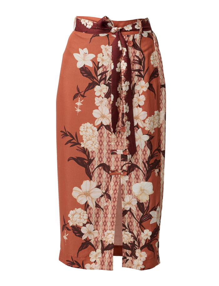Once Was Adria Viscose Faille Button Detail Printed Midi Skirt - Amber Vine