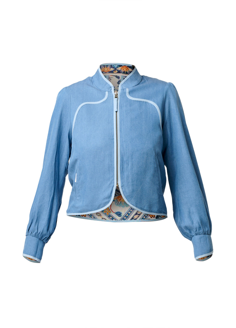 Once Was Aurora Reverisble Placement Print Viscose Tencel Jacket - Petinos Floros/Blue Ash