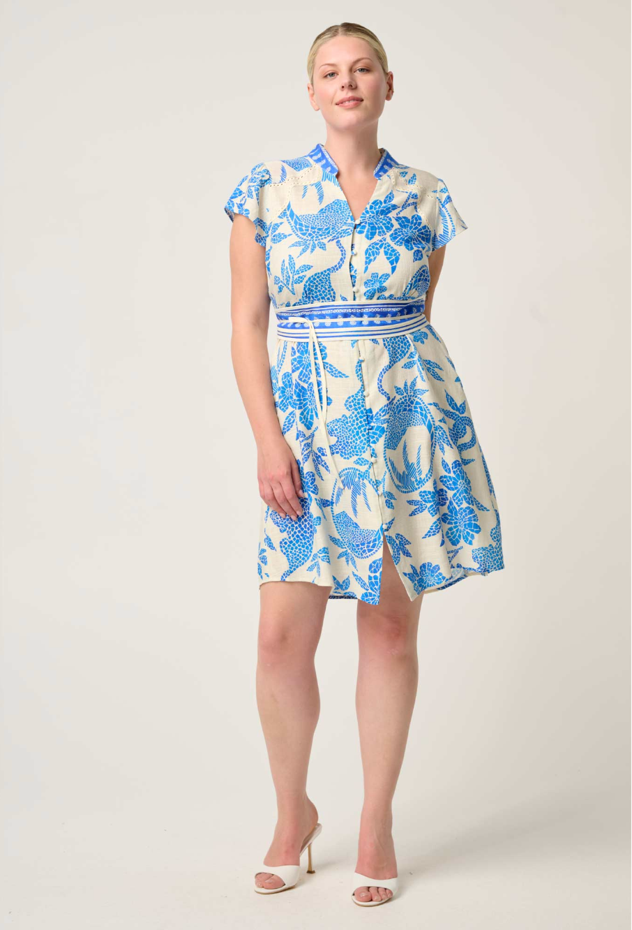 Once Was Adriana Linen Viscose Contrast Embroidered Yoke Dress - Azure Mosaic