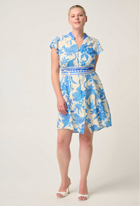 Once Was Adriana Linen Viscose Contrast Embroidered Yoke Dress - Azure Mosaic