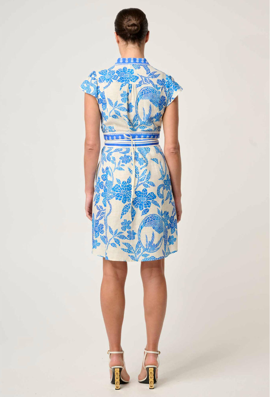 Once Was Adriana Linen Viscose Contrast Embroidered Yoke Dress - Azure Mosaic