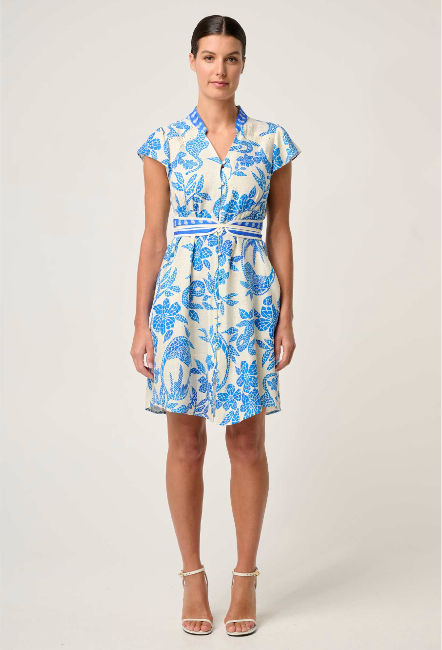 Once Was Adriana Linen Viscose Contrast Embroidered Yoke Dress - Azure Mosaic