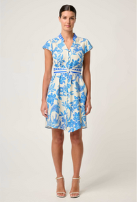 Once Was Adriana Linen Viscose Contrast Embroidered Yoke Dress - Azure Mosaic