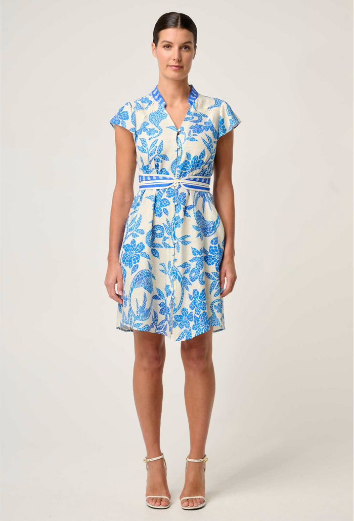 Once Was Adriana Linen Viscose Contrast Embroidered Yoke Dress - Azure Mosaic