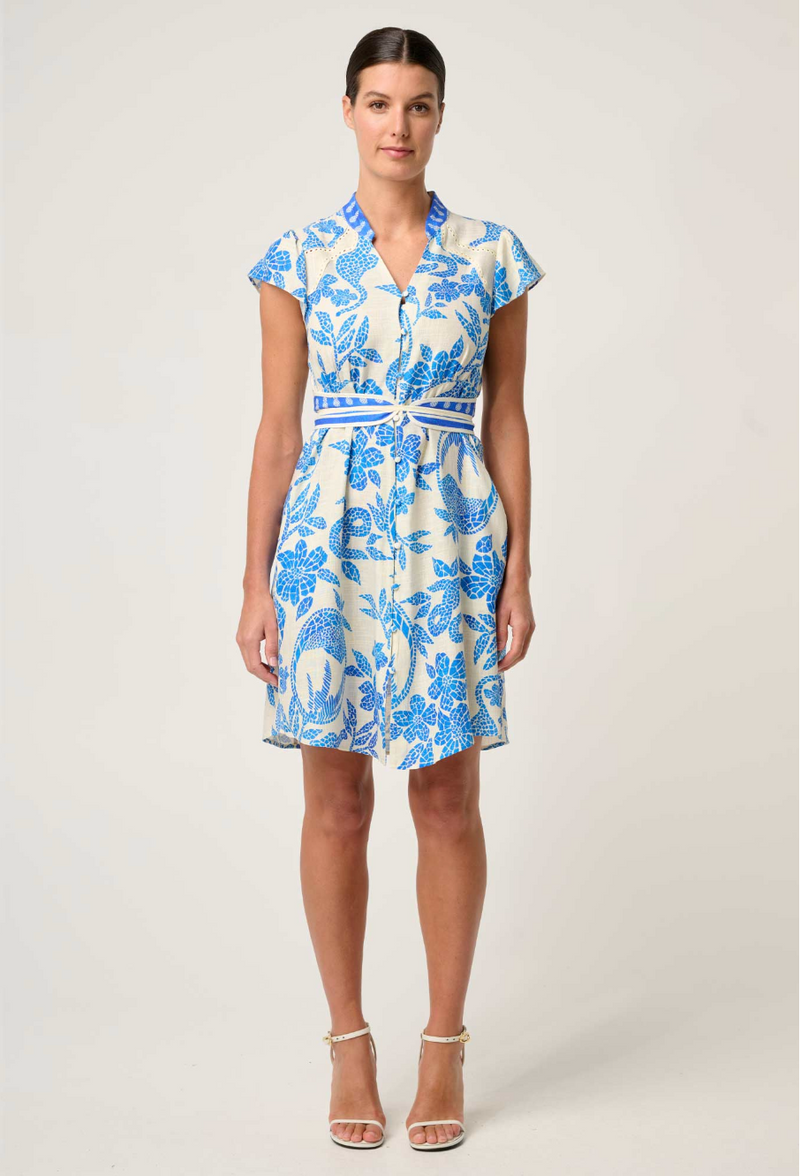 Once Was Adriana Linen Viscose Contrast Embroidered Yoke Dress - Azure Mosaic