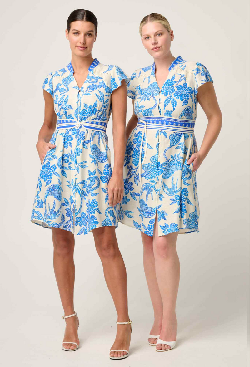 Once Was Adriana Linen Viscose Contrast Embroidered Yoke Dress - Azure Mosaic