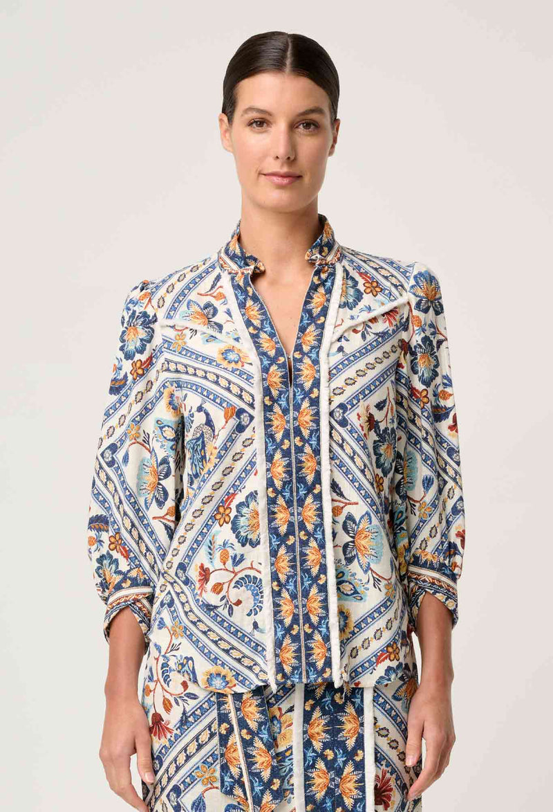 Once Was Alexis Linen Viscose Contrast Trim Fringe Shirt - Petinos Floros