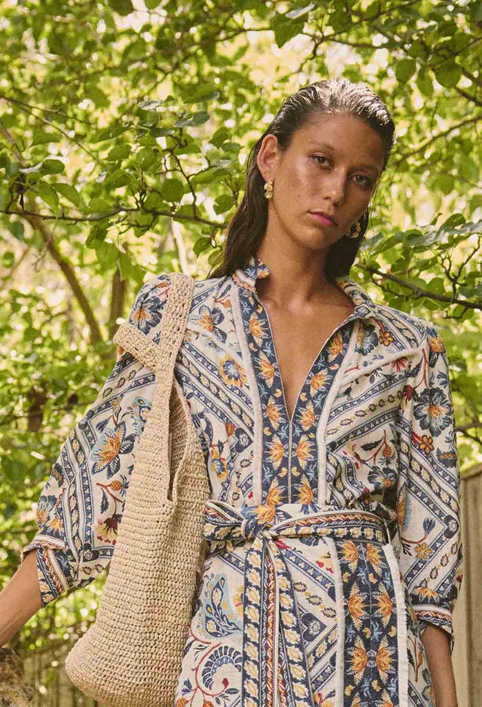 Once Was Alexis Linen Viscose Contrast Trim Fringe Shirt - Petinos Floros