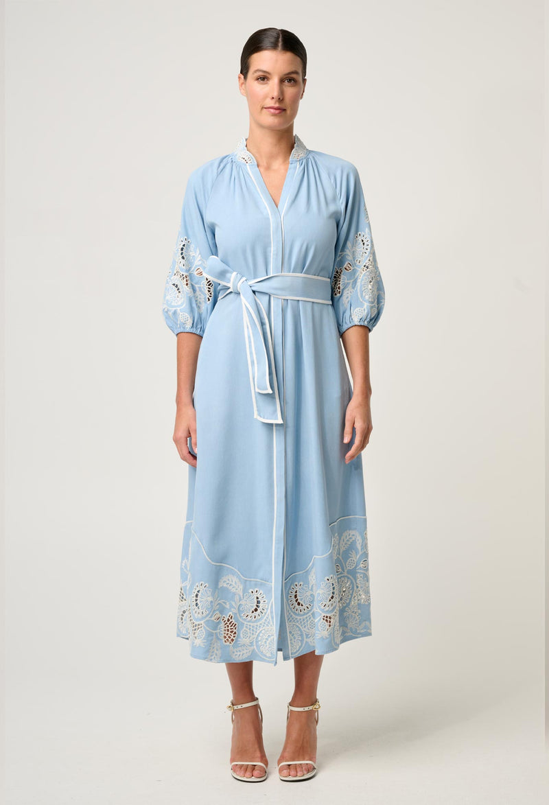 Once Was Amara Tencel Placement Embroidered Maxi Dress - Blue Haze