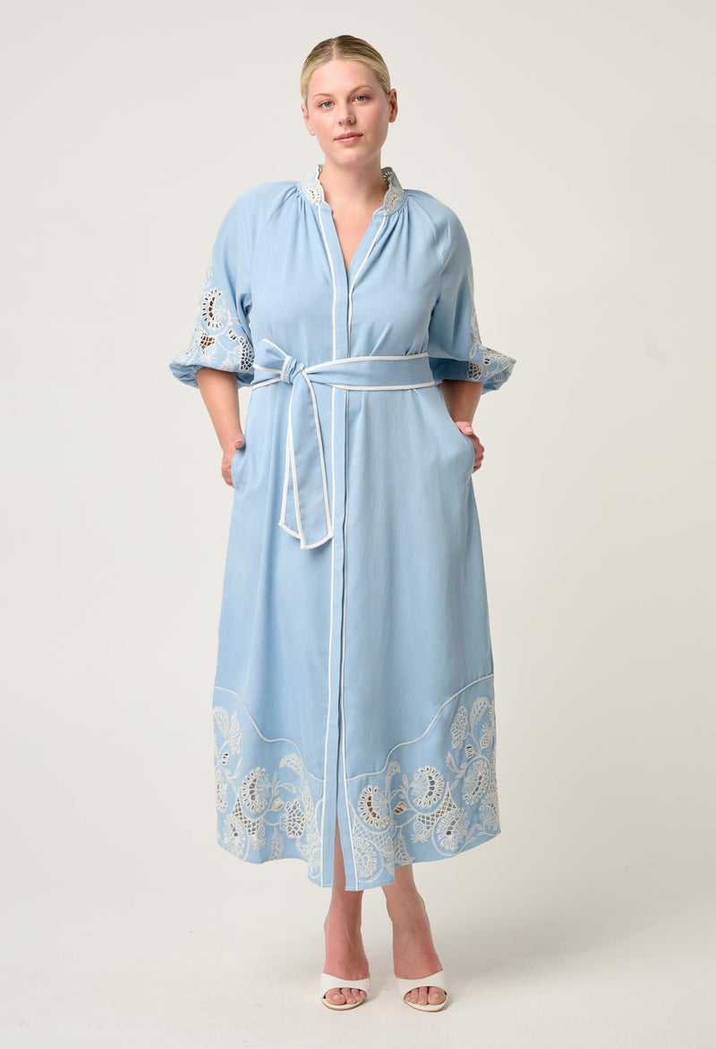 Once Was Amara Tencel Placement Embroidered Maxi Dress - Blue Haze