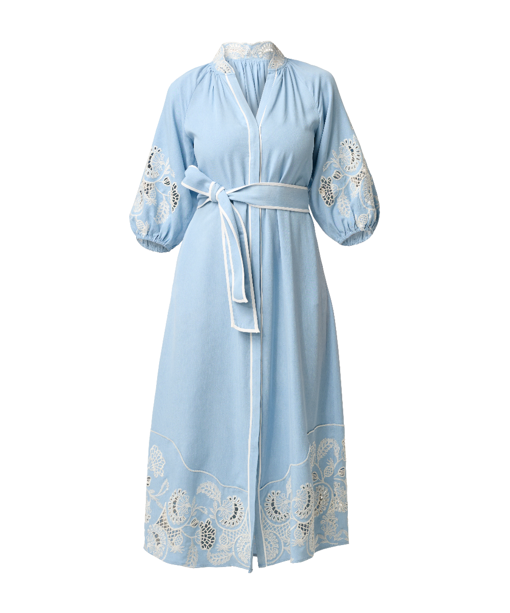 Once Was Amara Tencel Placement Embroidered Maxi Dress - Blue Haze