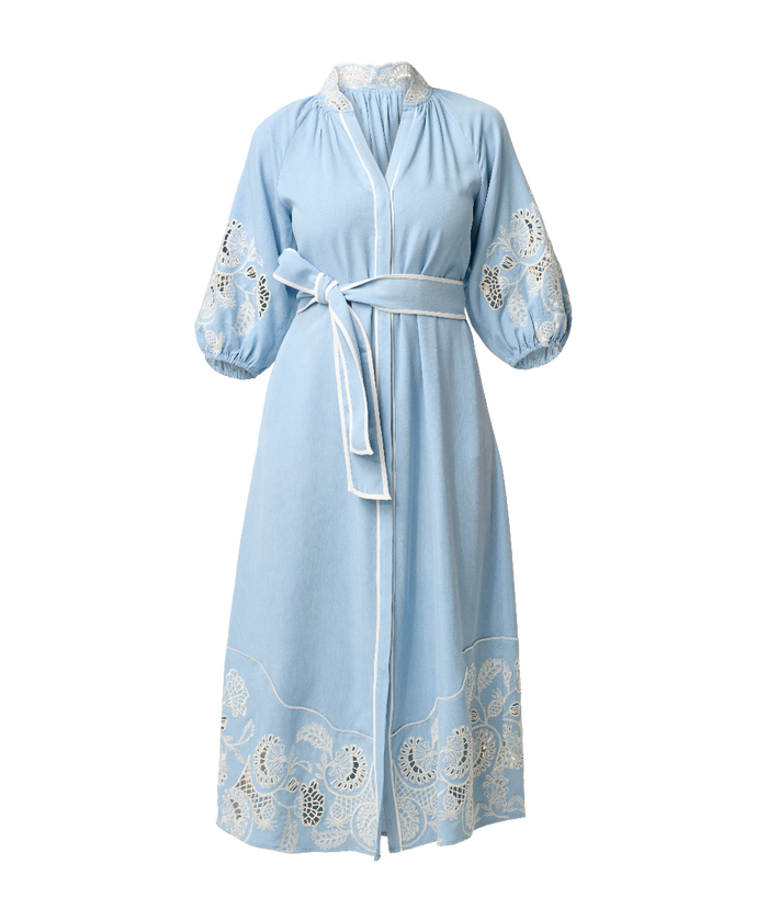 Once Was Amara Tencel Placement Embroidered Maxi Dress - Blue Haze
