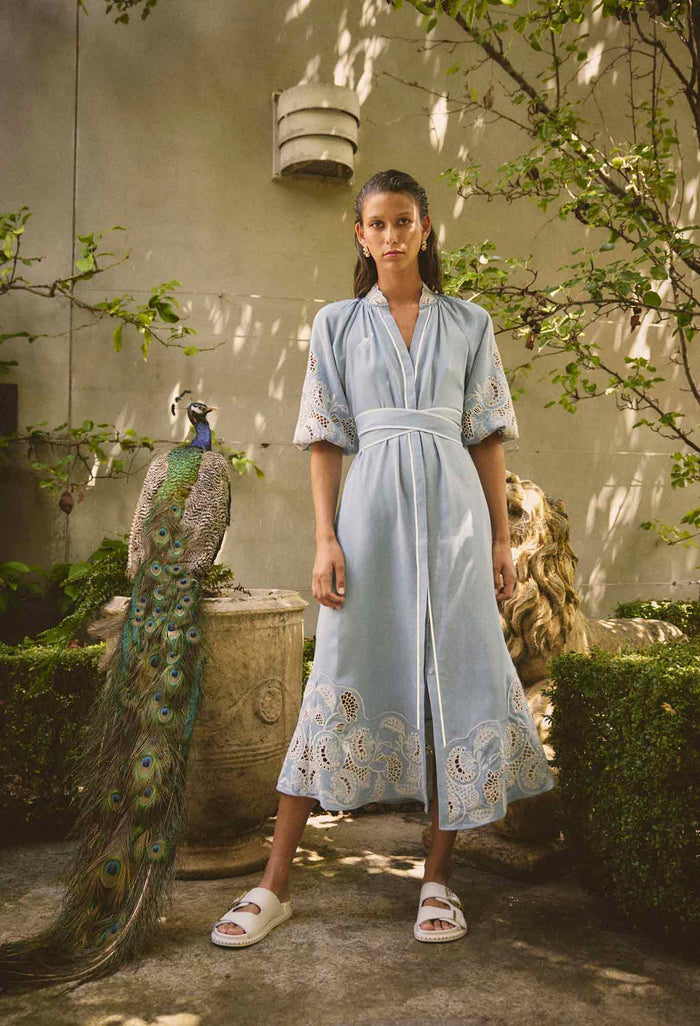 Once Was Amara Tencel Placement Embroidered Maxi Dress - Blue Haze