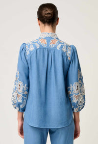 Once Was Astra Placement Embroidered Tencel 3/4 Sleeve Blouse - Blue Ash