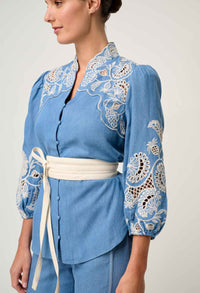Once Was Astra Placement Embroidered Tencel 3/4 Sleeve Blouse - Blue Ash